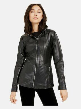 MICHAEL KORS Womens Leather Zip Up Scuba Jacket, BLACK, XS MSRP:$450.00